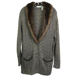 Liz‎ Claiborne Collection Cardigan Womens Sz M Black Faux Fur Collar Wool Jacket